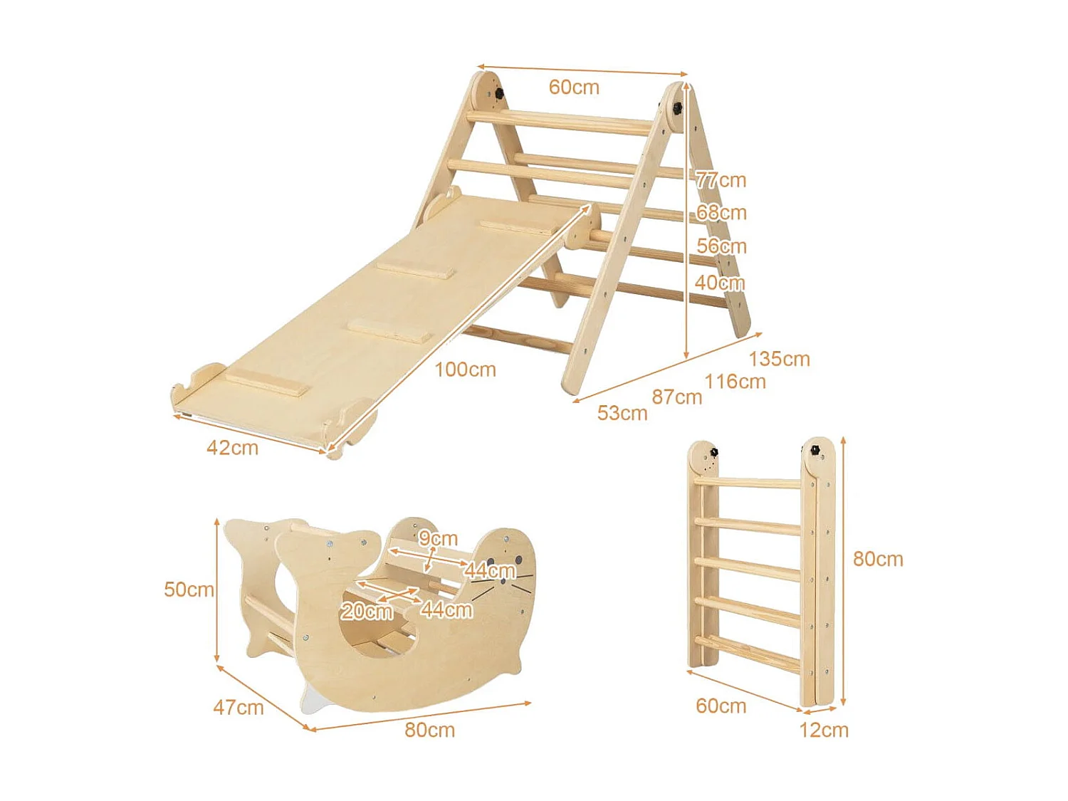 7 in 1 Klettergerüst Kletterdreieck mit Rutsche Kletterdreieck für Kinder ab 3 Jahren Natur