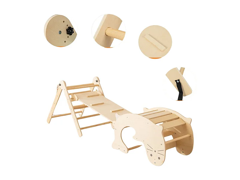 Jouets d'Escalade d'Intérieur 7 en 1 en Bois Pliable Rampe Réversible Chaise à Bascule Otarie Table de Jeu Tunnel Rampant pour 3-4 ans Naturel