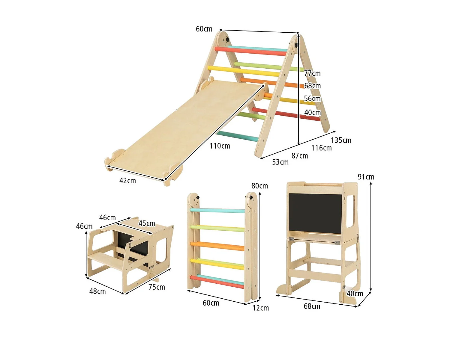 Ensemble de Jouets d'Escalade 7 en 1 pour Tout-petits Pliable Rampe Réversible Marchepied Convertible Table et Chaise Tableau pour 3-4 ans Multicolore