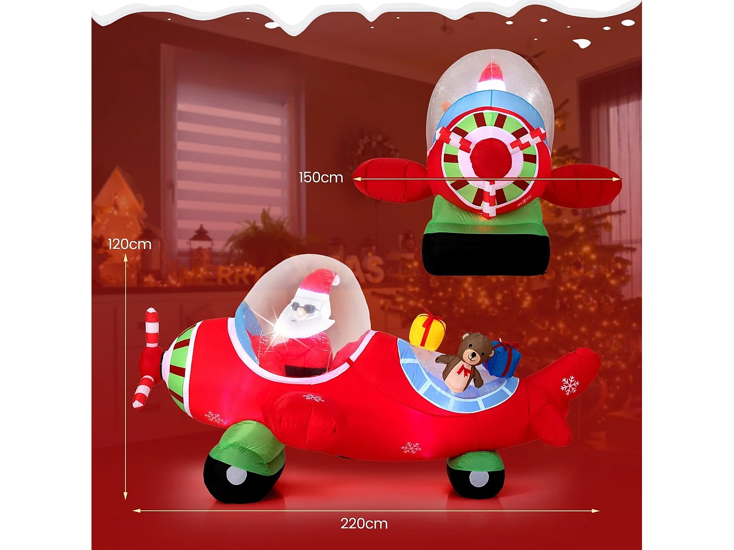 Père Noël gonflable de 220 cm en avion & boîte cadeau & lumières LED