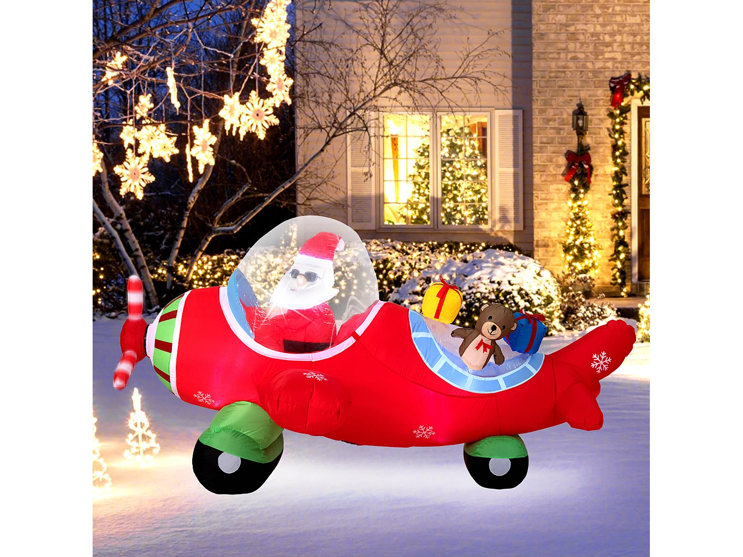 Père Noël gonflable de 220 cm en avion & boîte cadeau & lumières LED