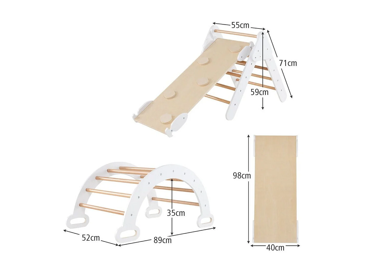 7 en 1 Triangle Arche Montessori d'Escalade Enfants avec Toboggan Bois Rampe Échelle Réglable Aire de Jeux pour 3 Ans+ Blanc+Naturel