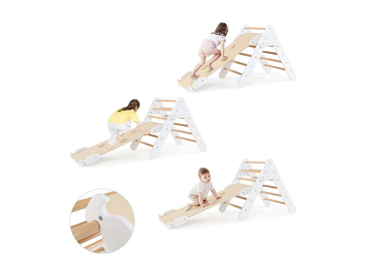 7 en 1 Triangle Arche Montessori d'Escalade Enfants avec Toboggan Bois Rampe Échelle Réglable Aire de Jeux pour 3 Ans+ Blanc+Naturel