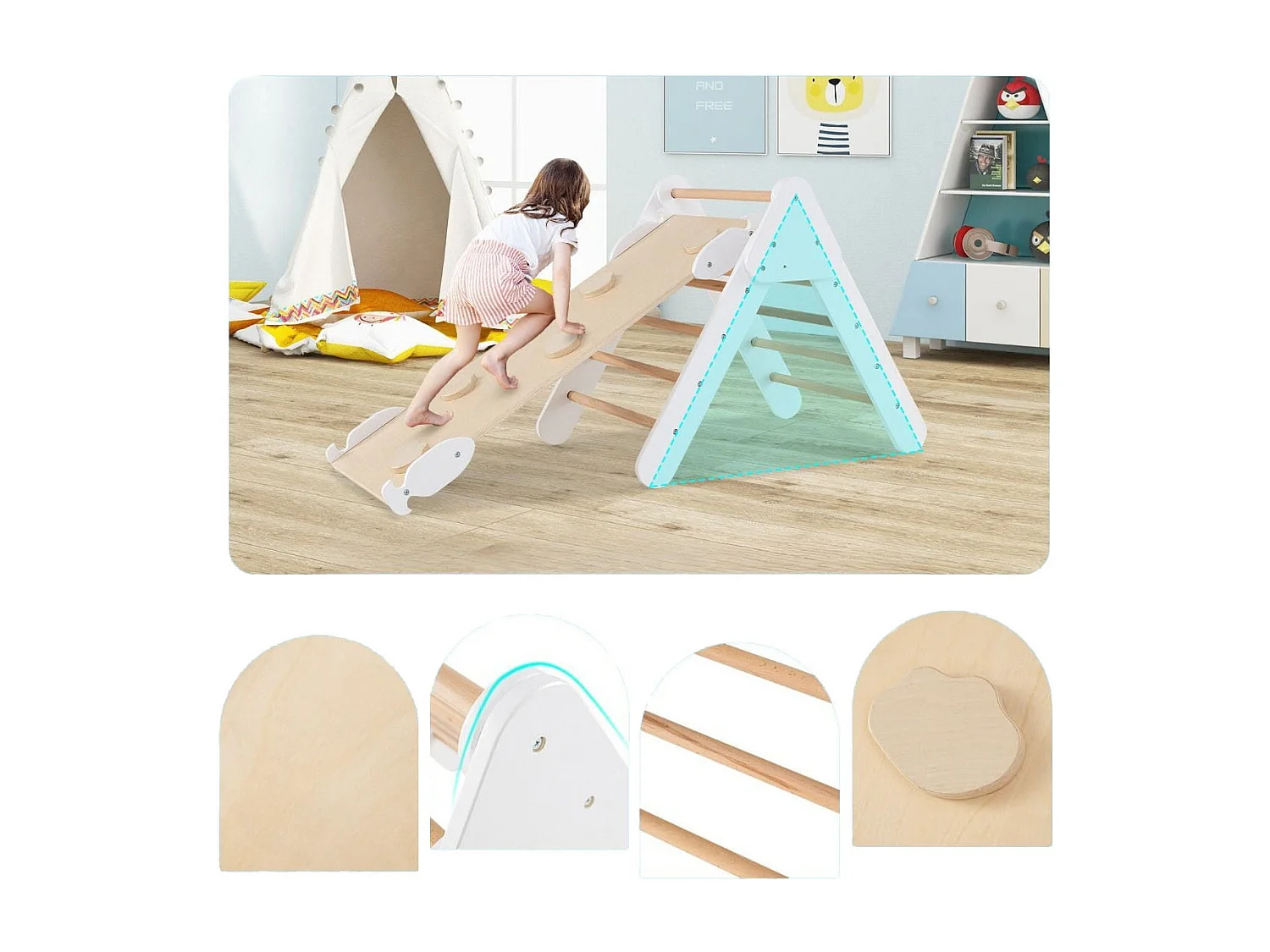 7 en 1 Triangle Arche Montessori d'Escalade Enfants avec Toboggan Bois Rampe Échelle Réglable Aire de Jeux pour 3 Ans+ Blanc+Naturel