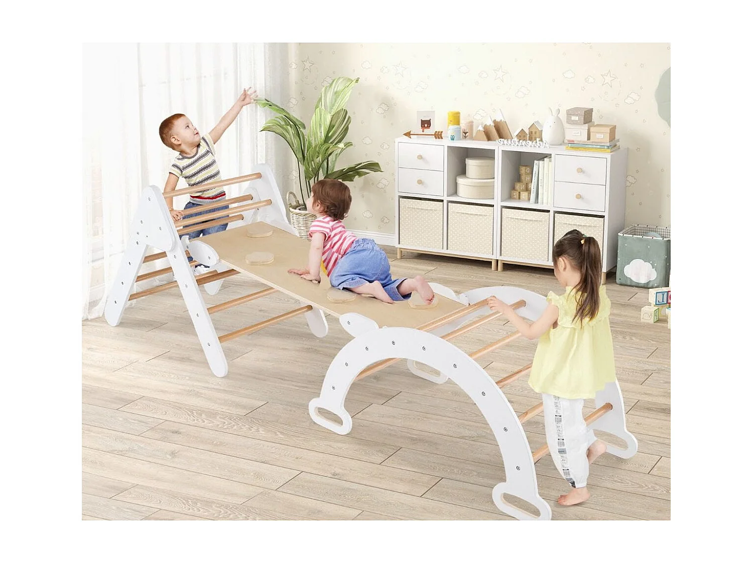 7 en 1 Triangle Arche Montessori d'Escalade Enfants avec Toboggan Bois Rampe Échelle Réglable Aire de Jeux pour 3 Ans+ Blanc+Naturel