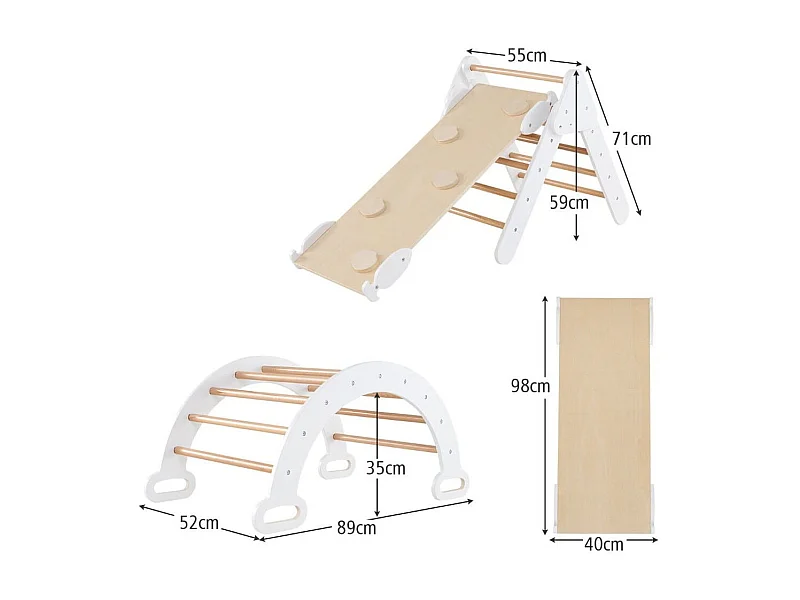 7 en 1 Triangle Arche Montessori d'Escalade Enfants avec Toboggan Bois Rampe Échelle Réglable Aire de Jeux pour 3 Ans+ Blanc+Naturel
