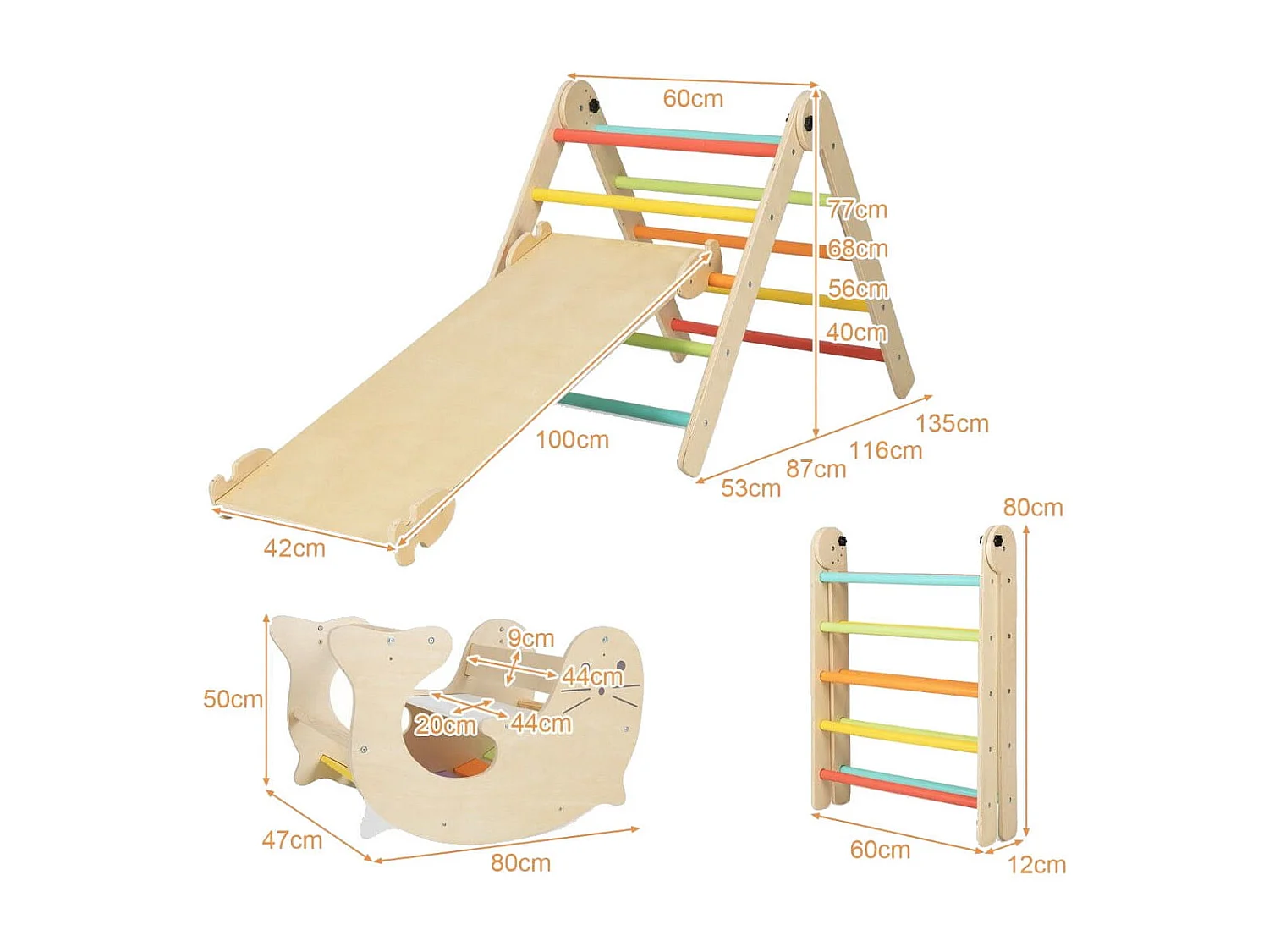 Set di arrampicate 3-in-1 per bambini, Arrampicatore pieghevole in legno con scivolo reversibile dondolo Colorato