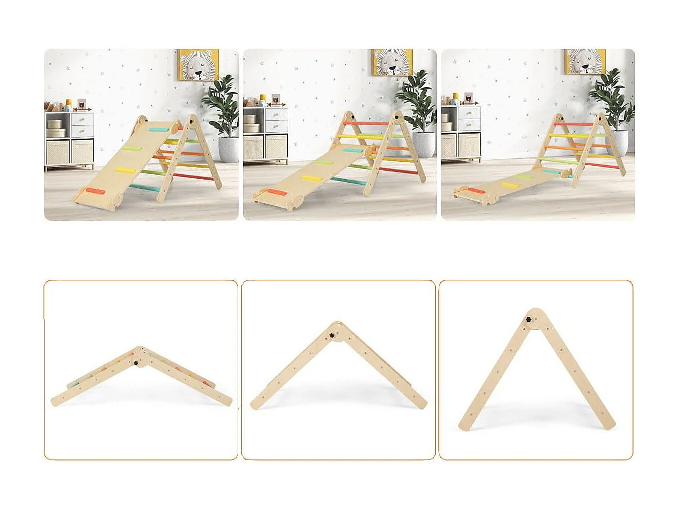 Set di arrampicate 3-in-1 per bambini, Arrampicatore pieghevole in legno con scivolo reversibile dondolo Colorato