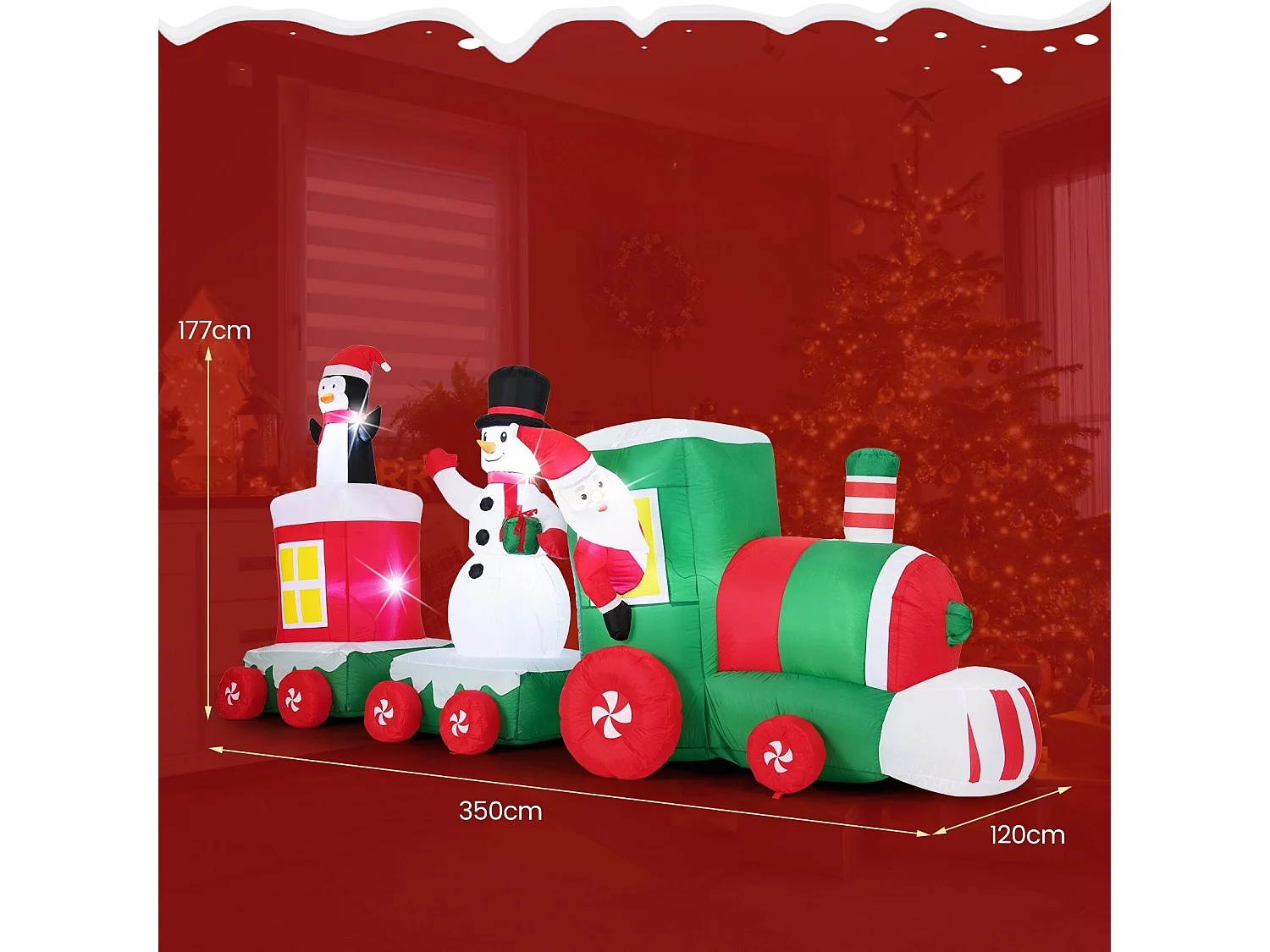 Train de Noël gonflable de 350 cm avec Père Noël & Bonhomme de neige & Pingouin