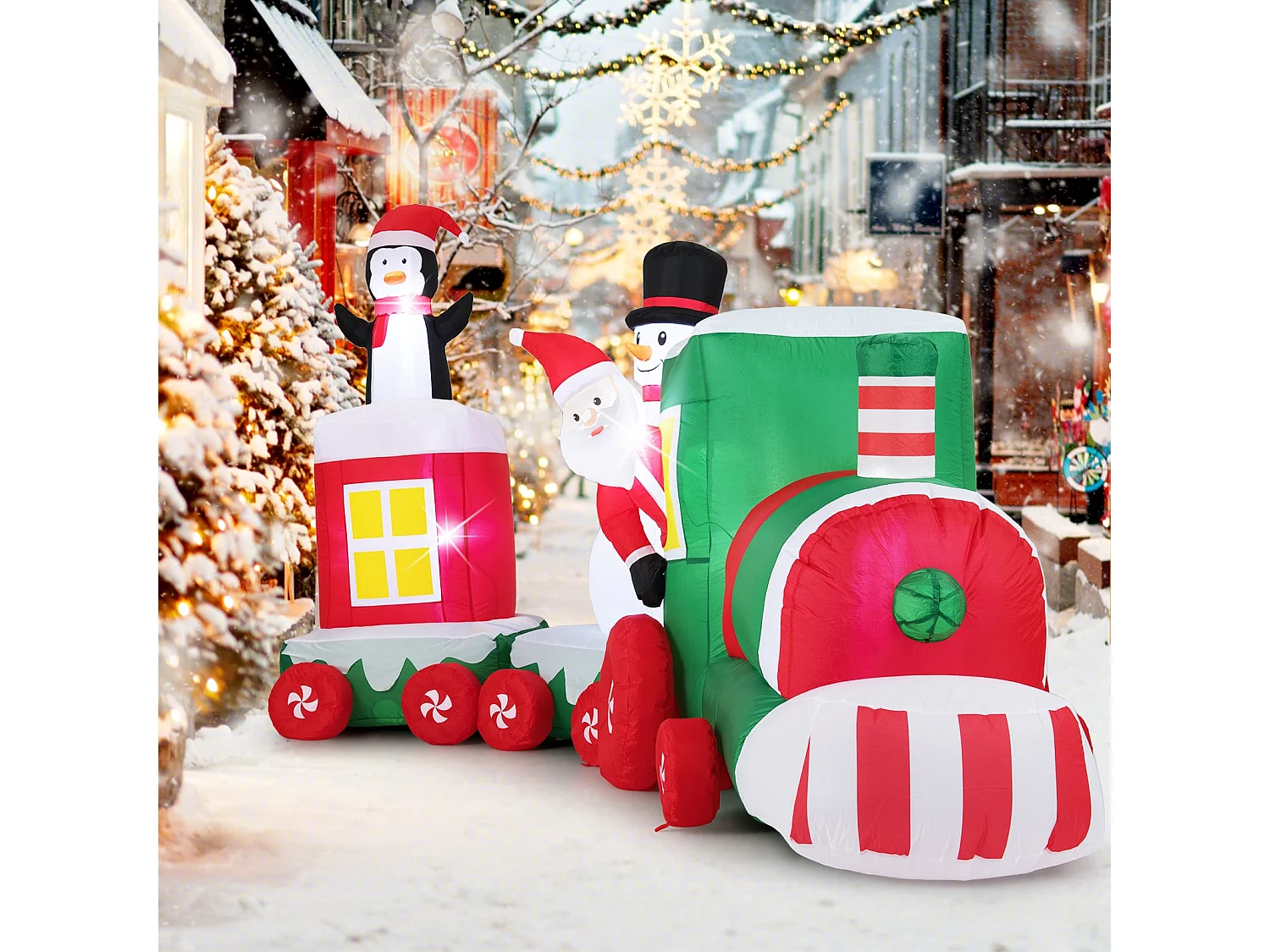 Train de Noël gonflable de 350 cm avec Père Noël & Bonhomme de neige & Pingouin
