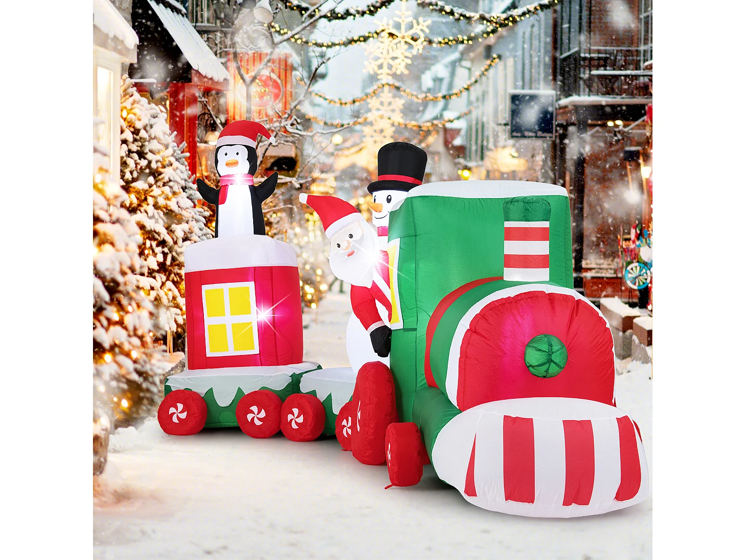 Train de Noël gonflable de 350 cm avec Père Noël & Bonhomme de neige & Pingouin