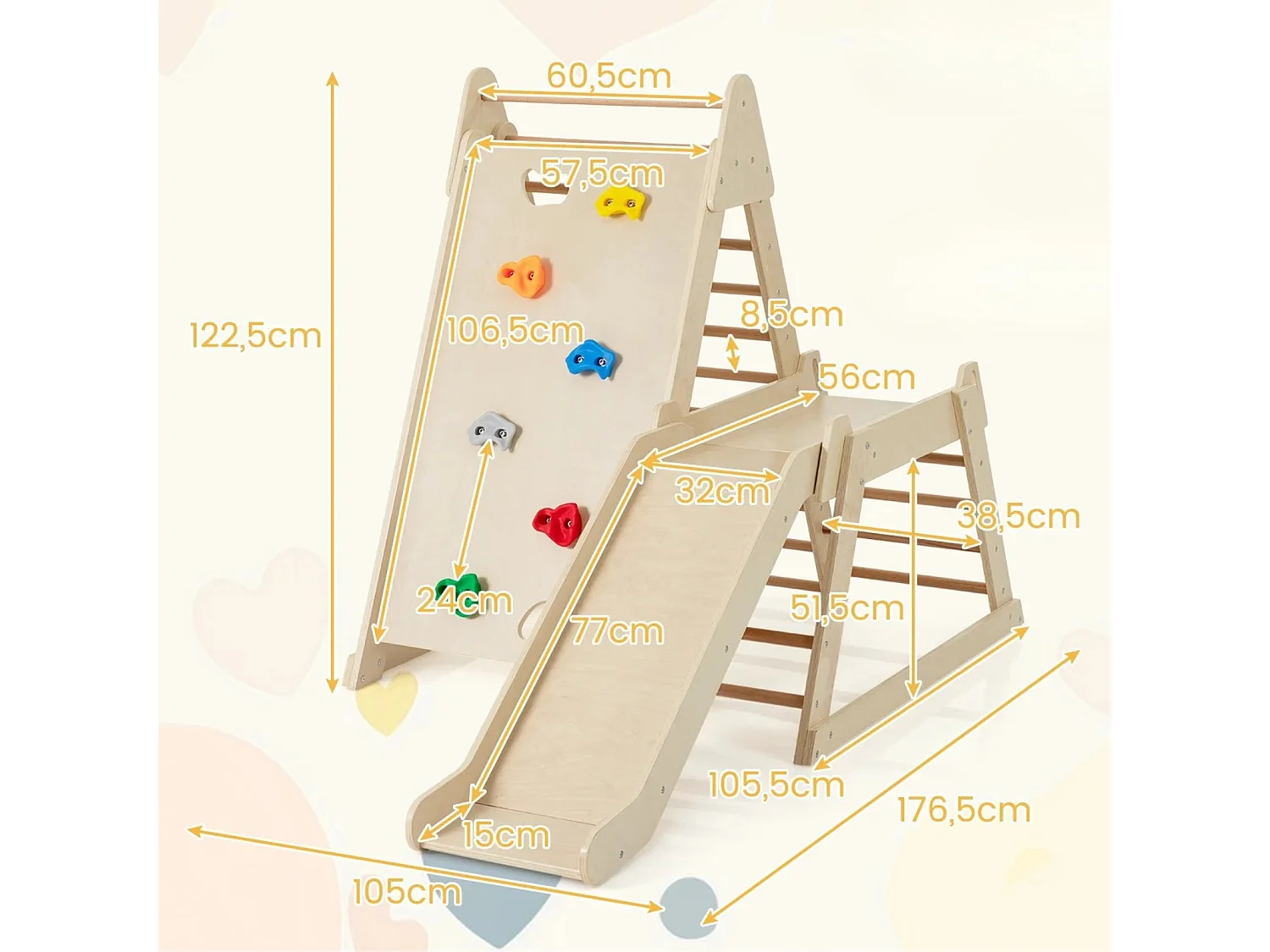 Structure d'Escalade 3 en 1 Aire de Jeux Intérieure pour Tout-Petits avec Toboggan Prolongé Escalade de Rochers pour 3+ Ans Naturel