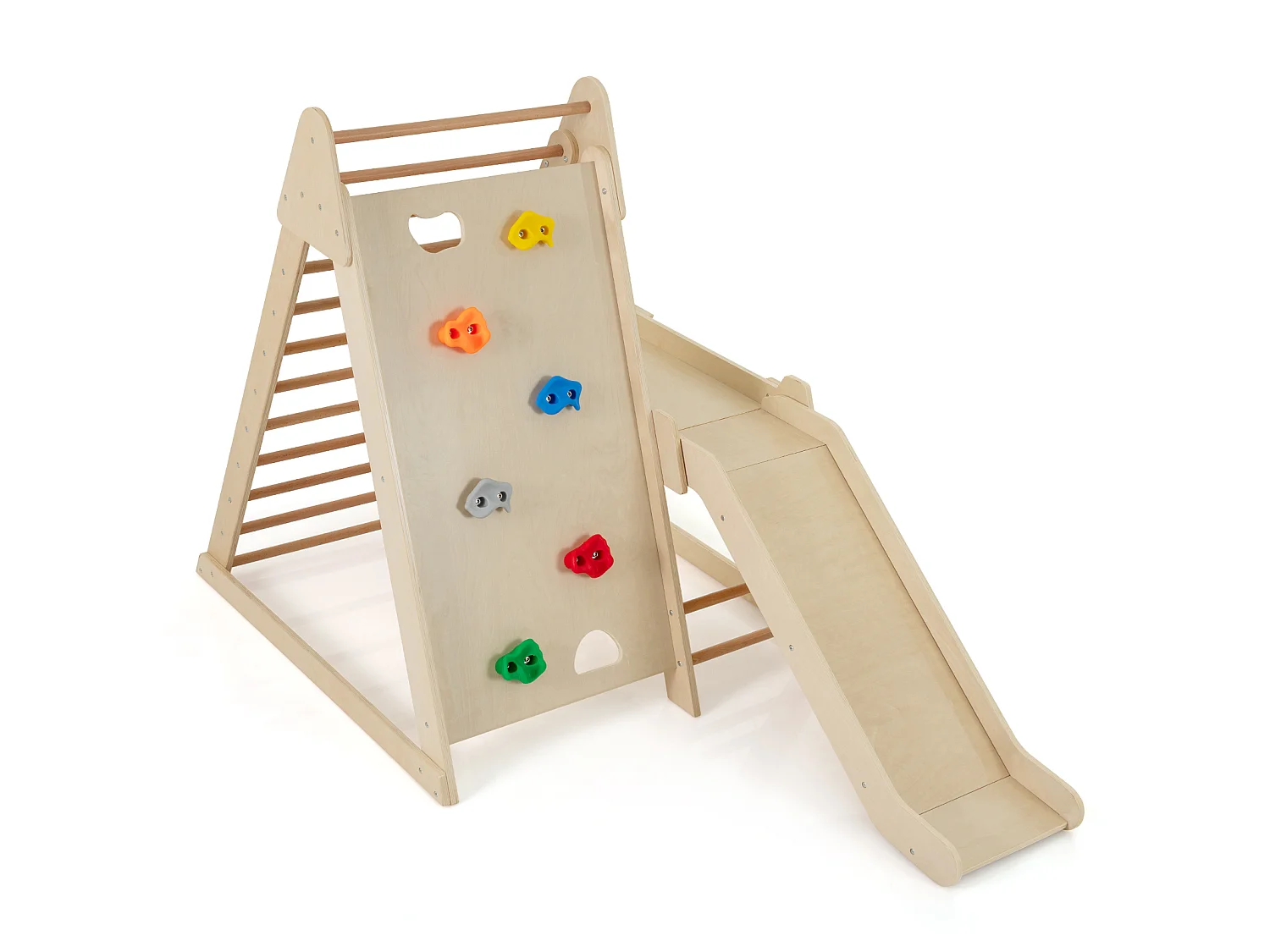 Palestra jungle 3 in 1 parco giochi interno per bambini con scivolo esteso, Palestra scaletta in legno e struttura da gioco Naturale