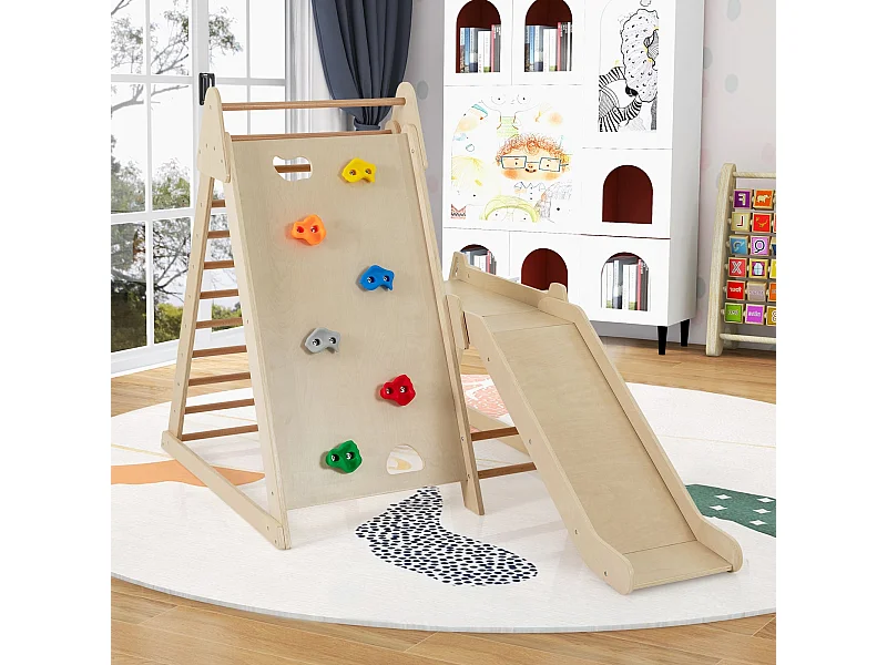 Structure d'Escalade 3 en 1 Aire de Jeux Intérieure pour Tout-Petits avec Toboggan Prolongé Escalade de Rochers pour 3+ Ans Naturel