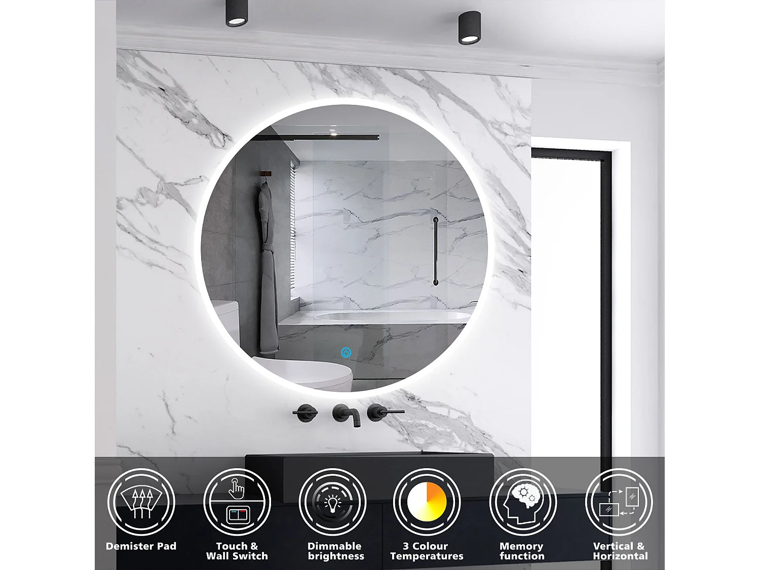 Miroir lumineux de salle de bain Rond ⌀60cm, 3 Couleurs + Dimmable + Anti-buée + Mémoire，Miroir CE//IP44 Mural