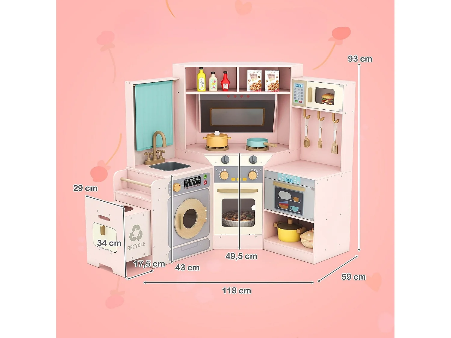 Cucina ad angolo con luci e suoni Cucina in legno con cestino estraibile Tenda Lavello Piano cottura Microonde Rosa