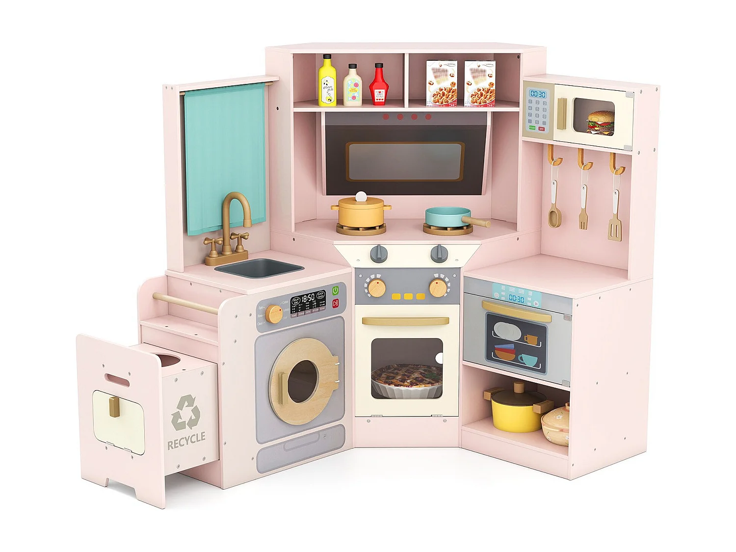 Cucina ad angolo con luci e suoni Cucina in legno con cestino estraibile Tenda Lavello Piano cottura Microonde Rosa