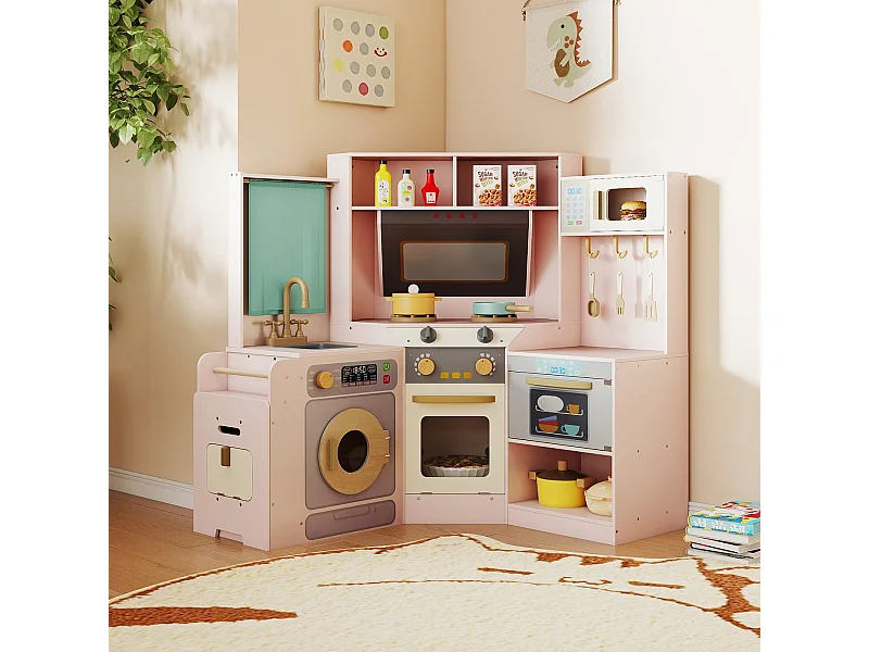 Cucina ad angolo con luci e suoni Cucina in legno con cestino estraibile Tenda Lavello Piano cottura Microonde Rosa