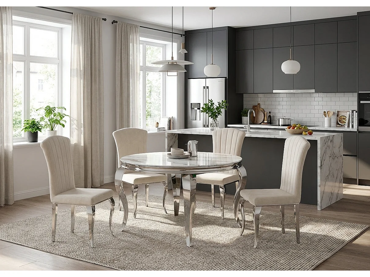 Lot de 6 chaises salle à manger velours beige pieds chrome 101 cm LOUIS