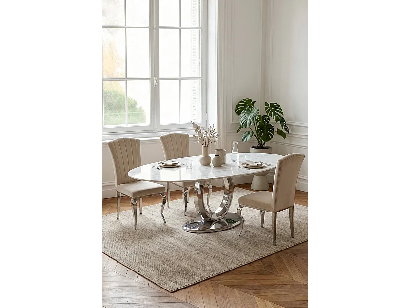 Lot de 6 chaises salle à manger velours beige pieds chrome 101 cm LOUIS