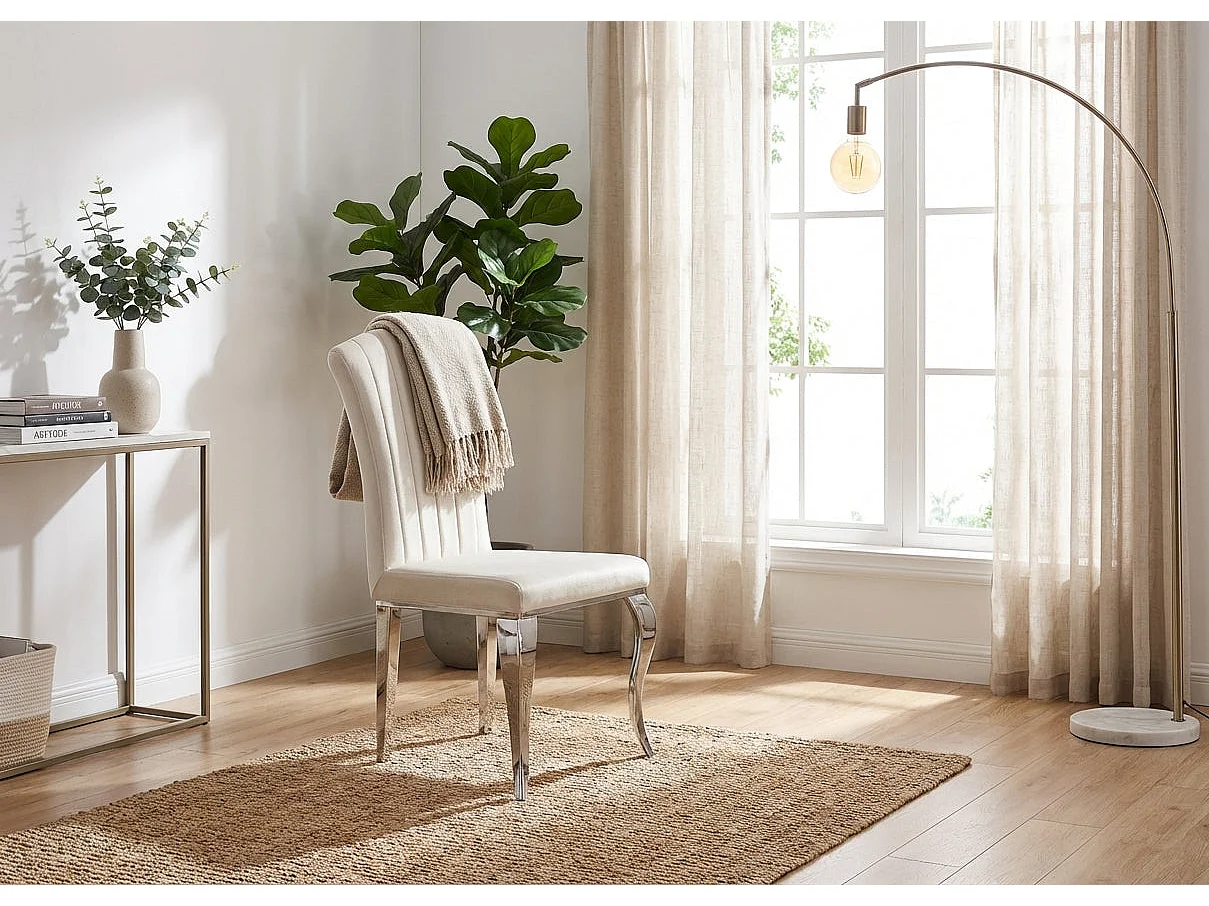 Lot de 6 chaises salle à manger velours beige pieds chrome 101 cm LOUIS