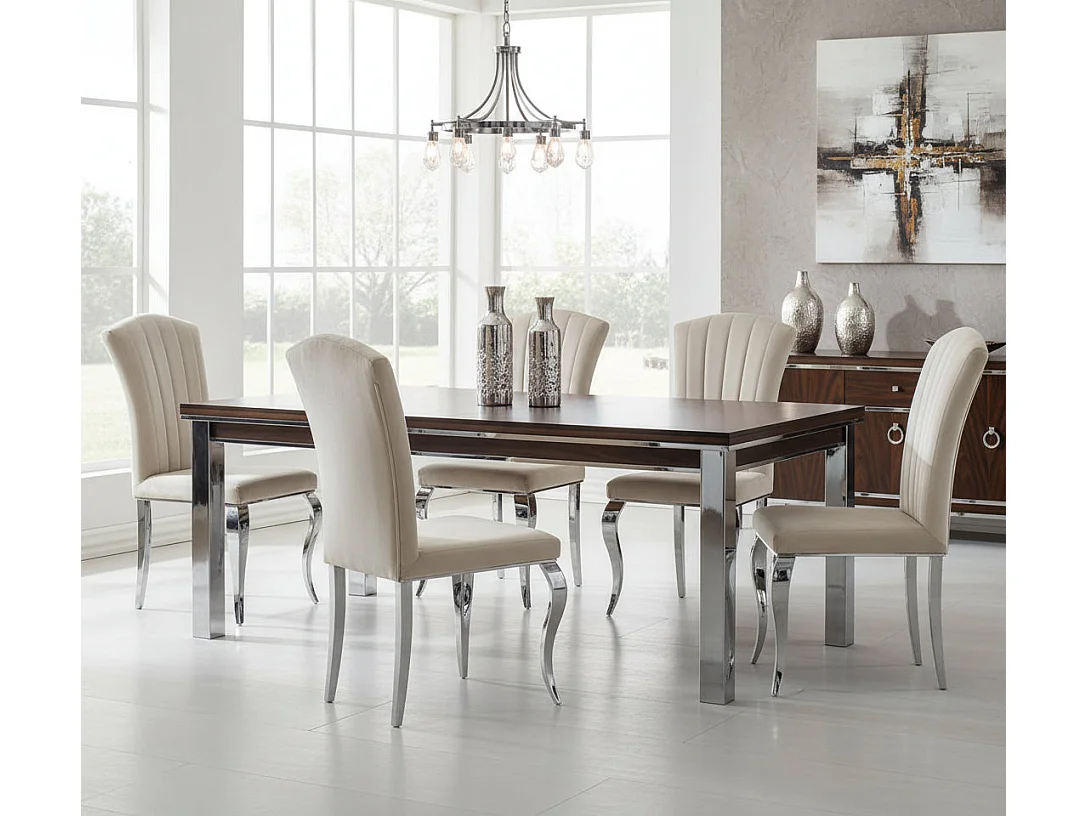 Lot de 6 chaises salle à manger velours beige pieds chrome 101 cm LOUIS