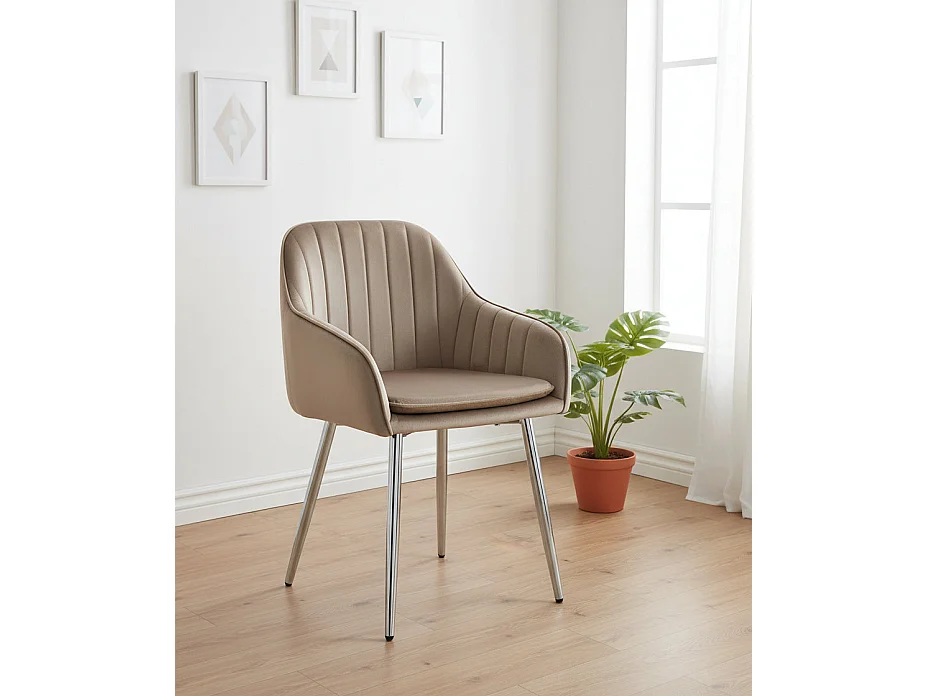 Lot 2 Chaises Salle à Manger Velours Taupe Pieds Chrome 45x46x82cm – PAMS