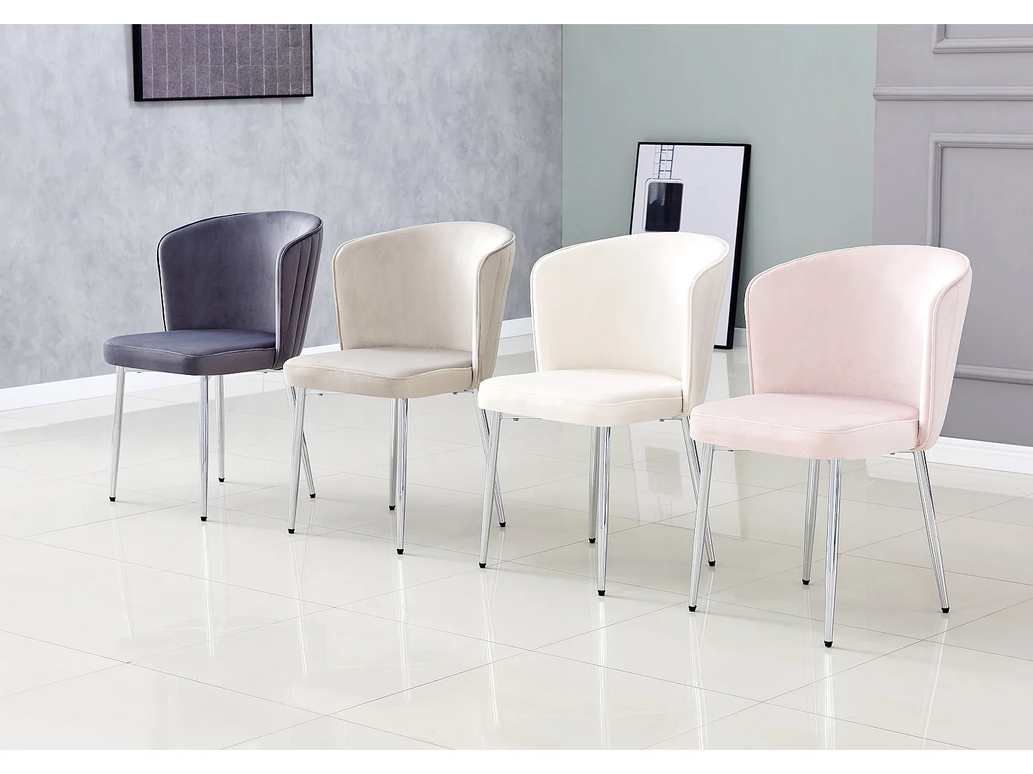 Lot de 4 chaises moderne DIANA chrome velours - Rose