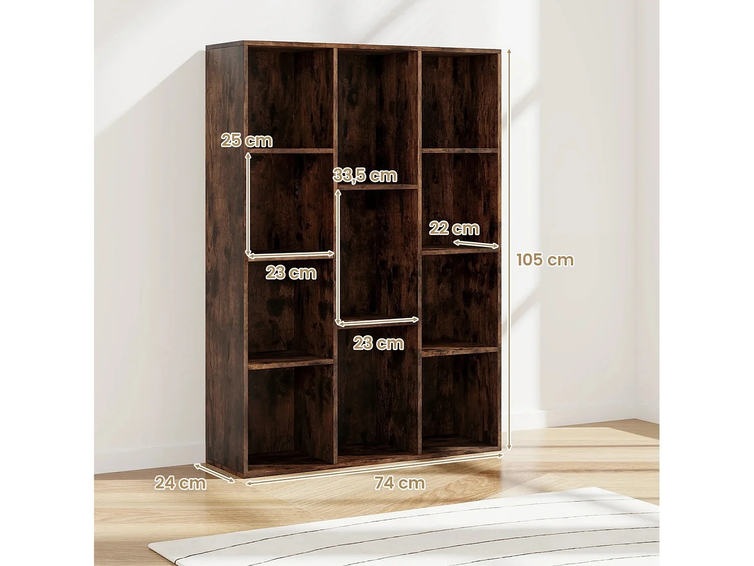 Libreria a 11 cubi multifunzionale con kit anti-ribaltamento per soggiorno, Scaffale moderno geometrico Marrone