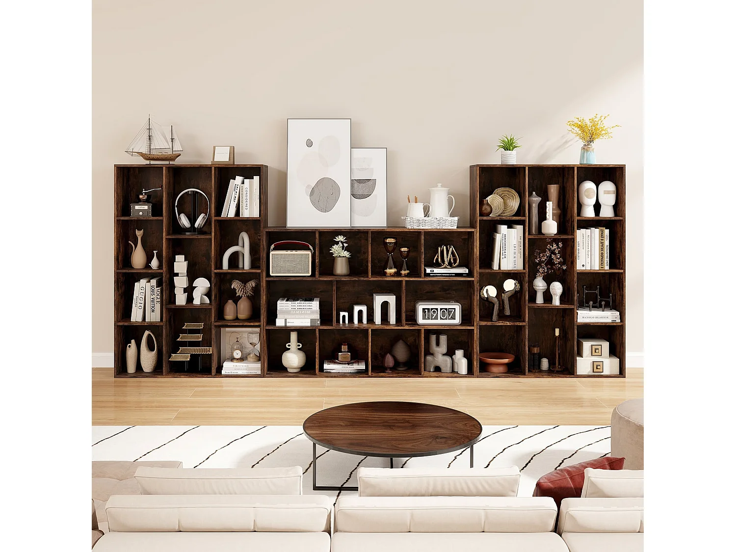 Libreria a 11 cubi multifunzionale con kit anti-ribaltamento per soggiorno, Scaffale moderno geometrico Marrone