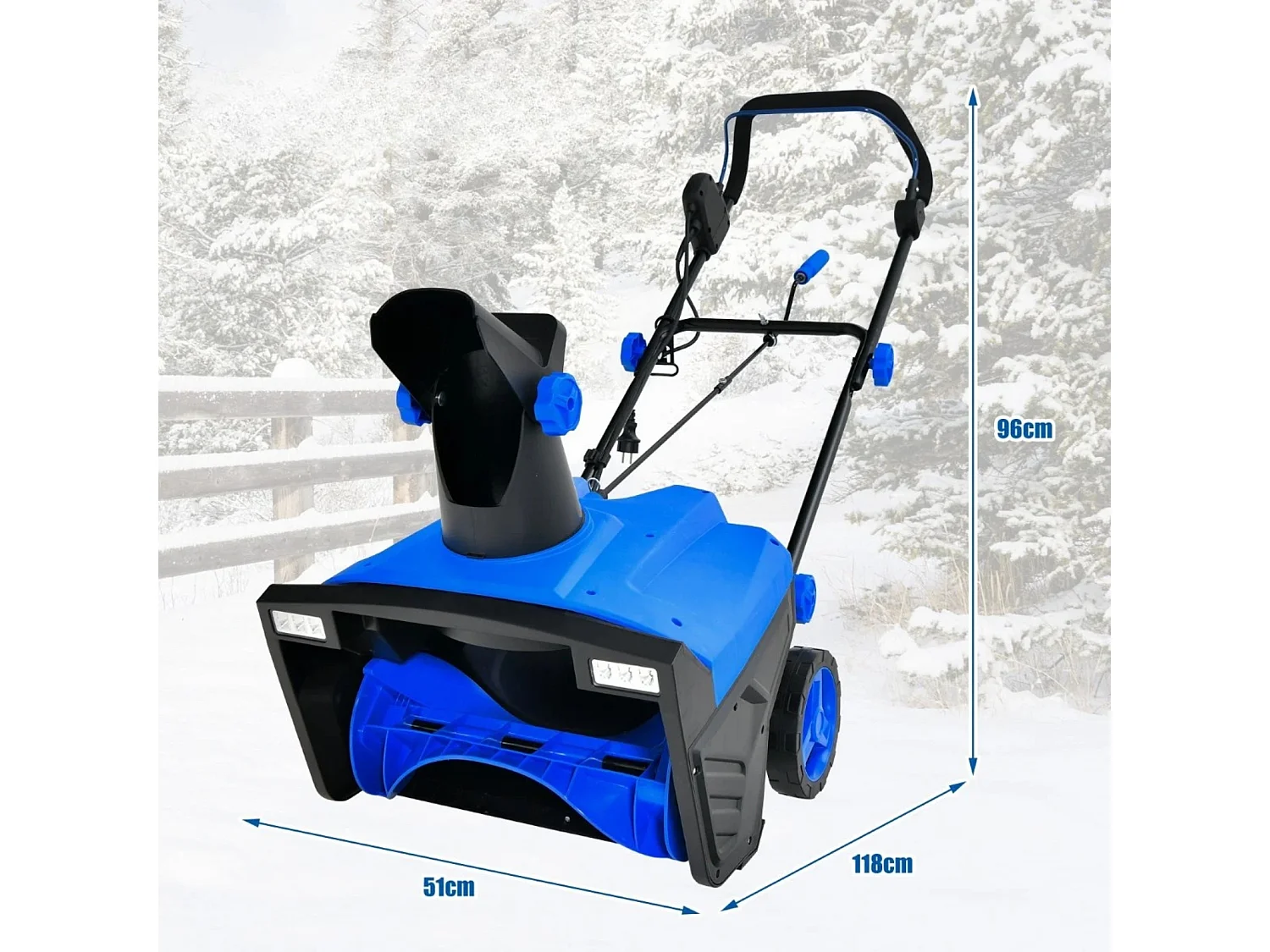 Fraise à neige électrique avec lampes LED Déblayeuse 118 x 51 x 96 cm Bleu + Noir