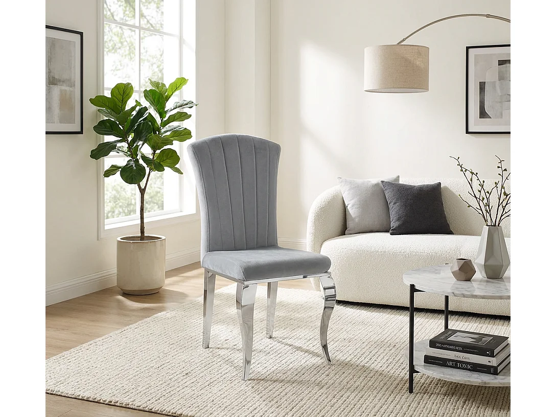Lot de 6 Chaises Salle à Manger Baroque – Velours Gris & Pieds Chromés