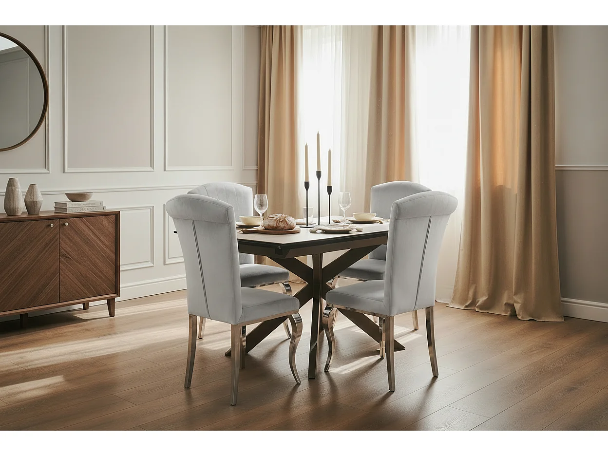 Lot de 6 Chaises Salle à Manger Baroque – Velours Gris & Pieds Chromés