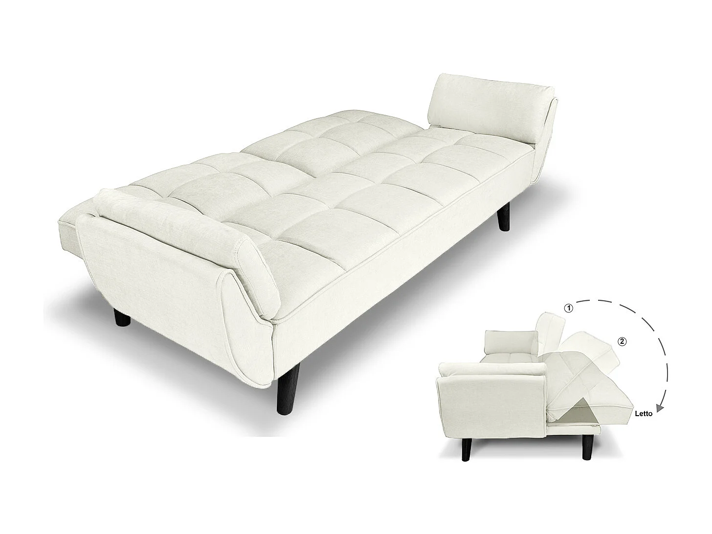 Divano letto clic clac in tessuto vellutato avorio – Ambra piede legno nero