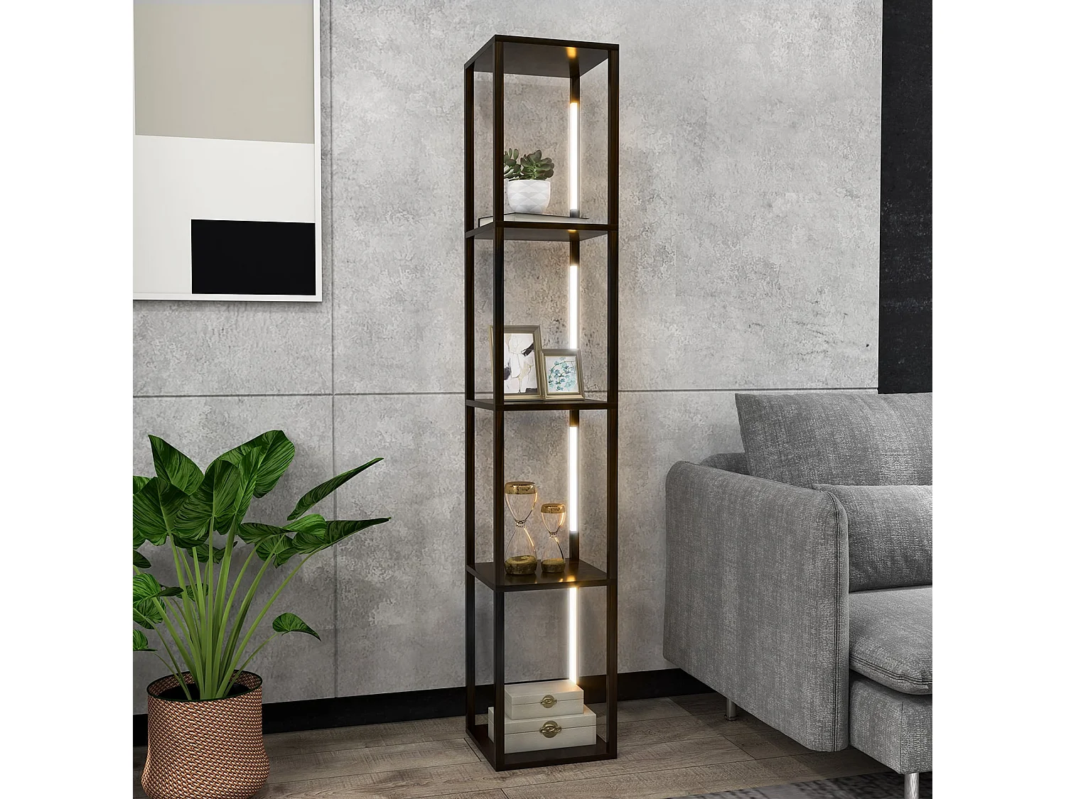 163 cm Lampadaire Étagère Moderne Étagère de rangement avec 3 niveaux d'éclairage LED à intensité variable Marron