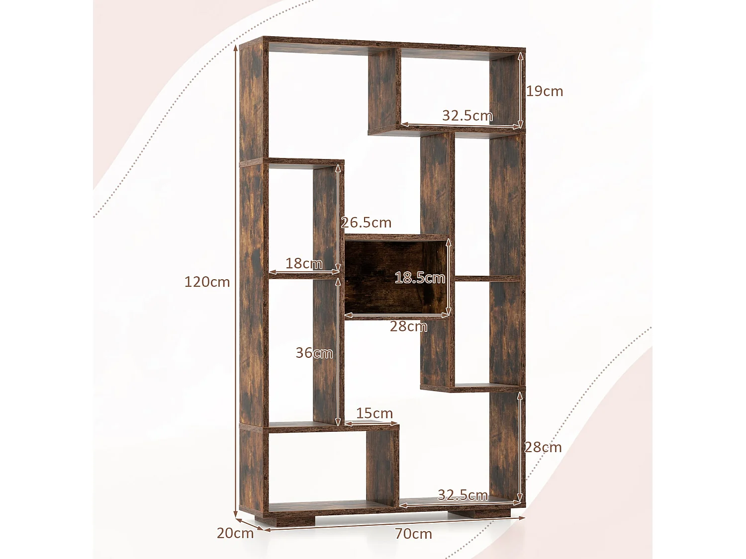 Bibliothèque moderne avec étagères ouvertes & anti-basculement Étagère polyvalente géométrique brune