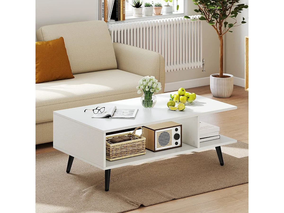 Table basse avec espace de rangement Table de salon à 2 niveaux avec étagère ouverte & pieds en métal Table d'appoint en bois 80 x 45 x 30 cm Blanc