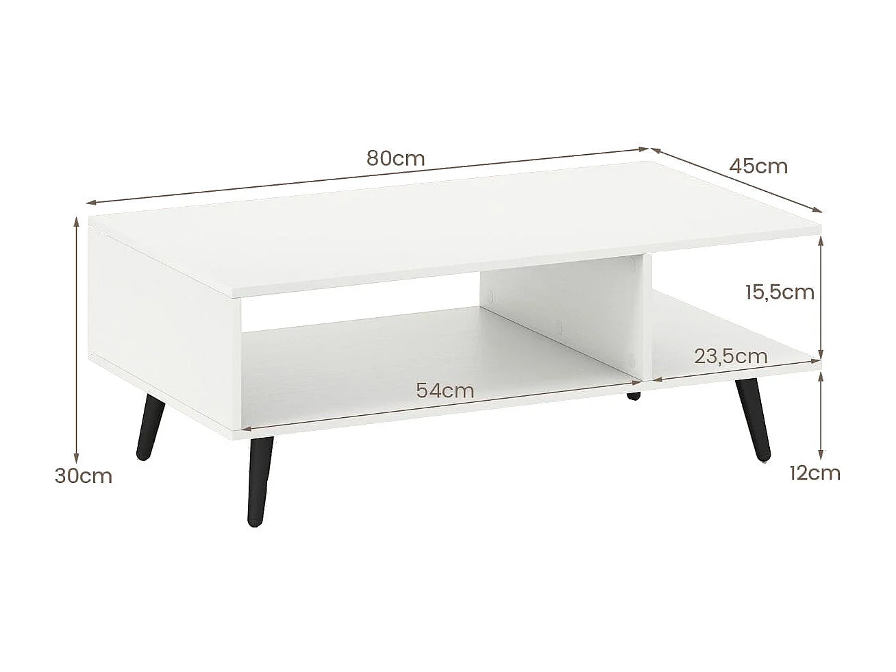 Table basse avec espace de rangement Table de salon à 2 niveaux avec étagère ouverte & pieds en métal Table d'appoint en bois 80 x 45 x 30 cm Blanc