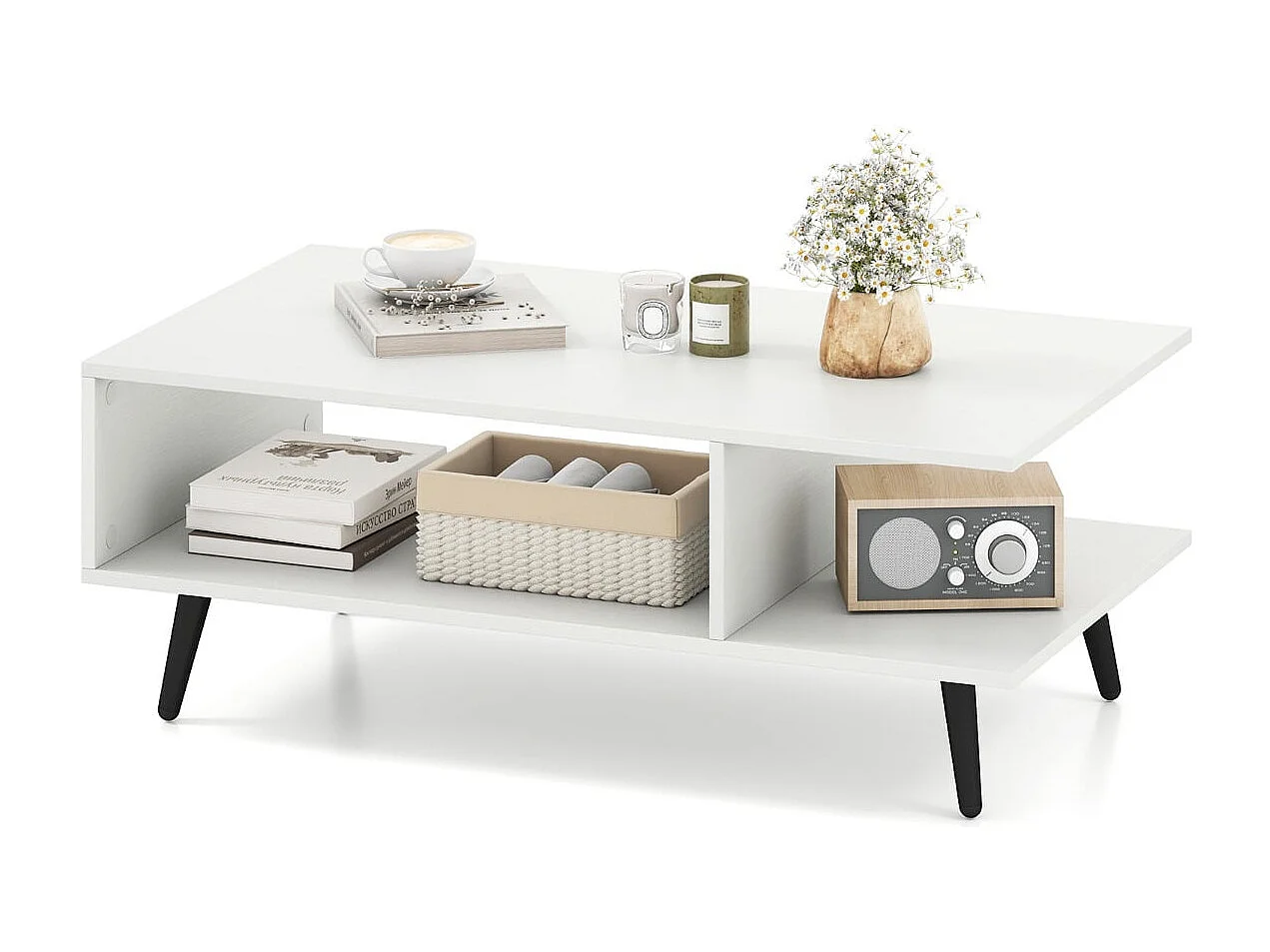 Table basse avec espace de rangement Table de salon à 2 niveaux avec étagère ouverte & pieds en métal Table d'appoint en bois 80 x 45 x 30 cm Blanc