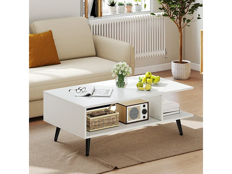 Table basse avec espace de rangement Table de salon à 2 niveaux avec étagère ouverte & pieds en métal Table d'appoint en bois 80 x 45 x 30 cm Blanc