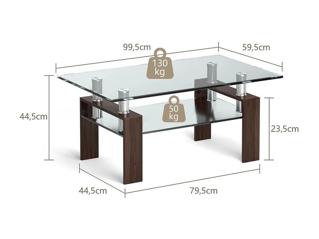 Tavolino da caffè moderno con mensola inferiore in vetro temperato, Tavolino da caffè rettangolare in vetro Marrone