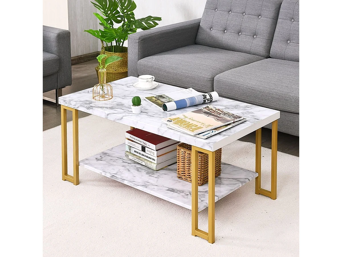 Table Basse 2 Étages Imprimée Marbre Design Moderne Bout de Canapé 100x49,5x45cm