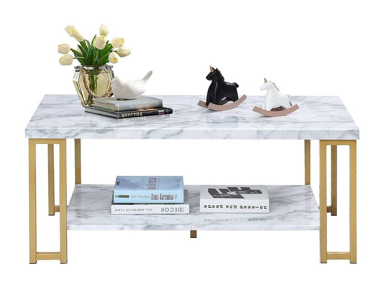 Table Basse 2 Étages Imprimée Marbre Design Moderne Bout de Canapé 100x49,5x45cm