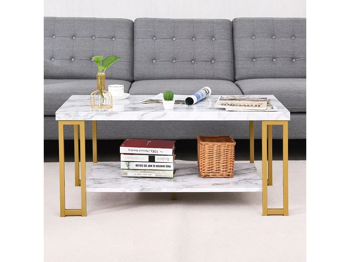 Table Basse 2 Étages Imprimée Marbre Design Moderne Bout de Canapé 100x49,5x45cm