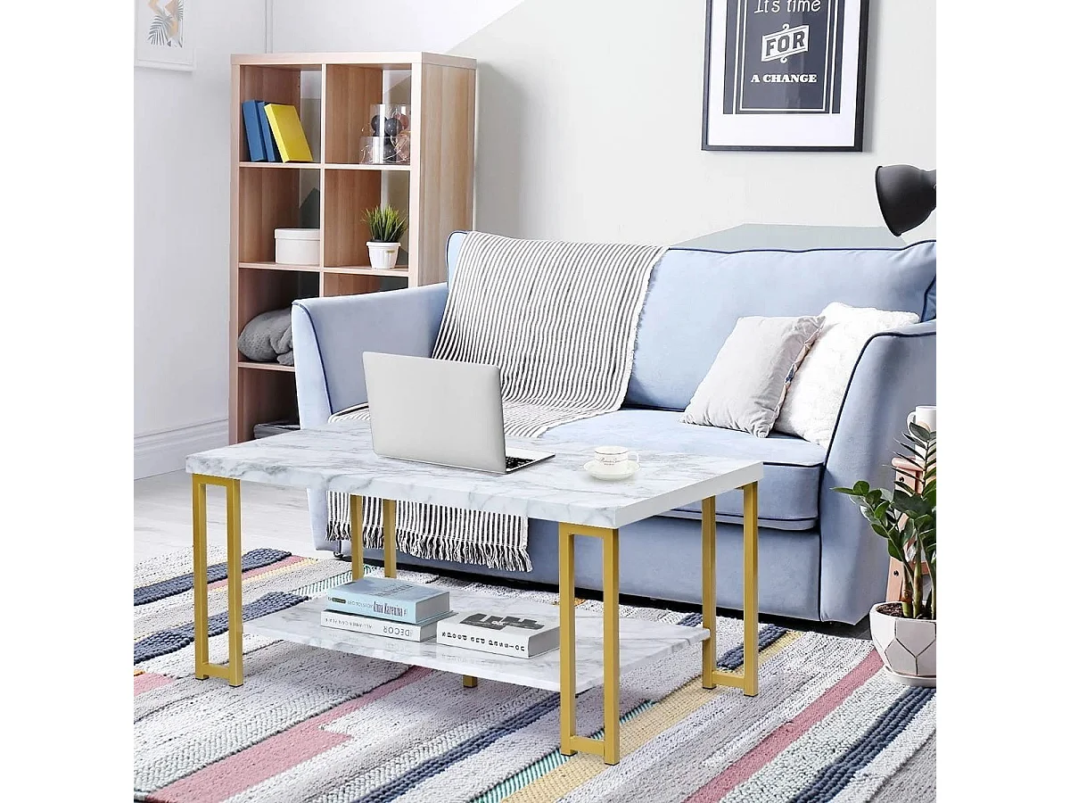 Table Basse 2 Étages Imprimée Marbre Design Moderne Bout de Canapé 100x49,5x45cm