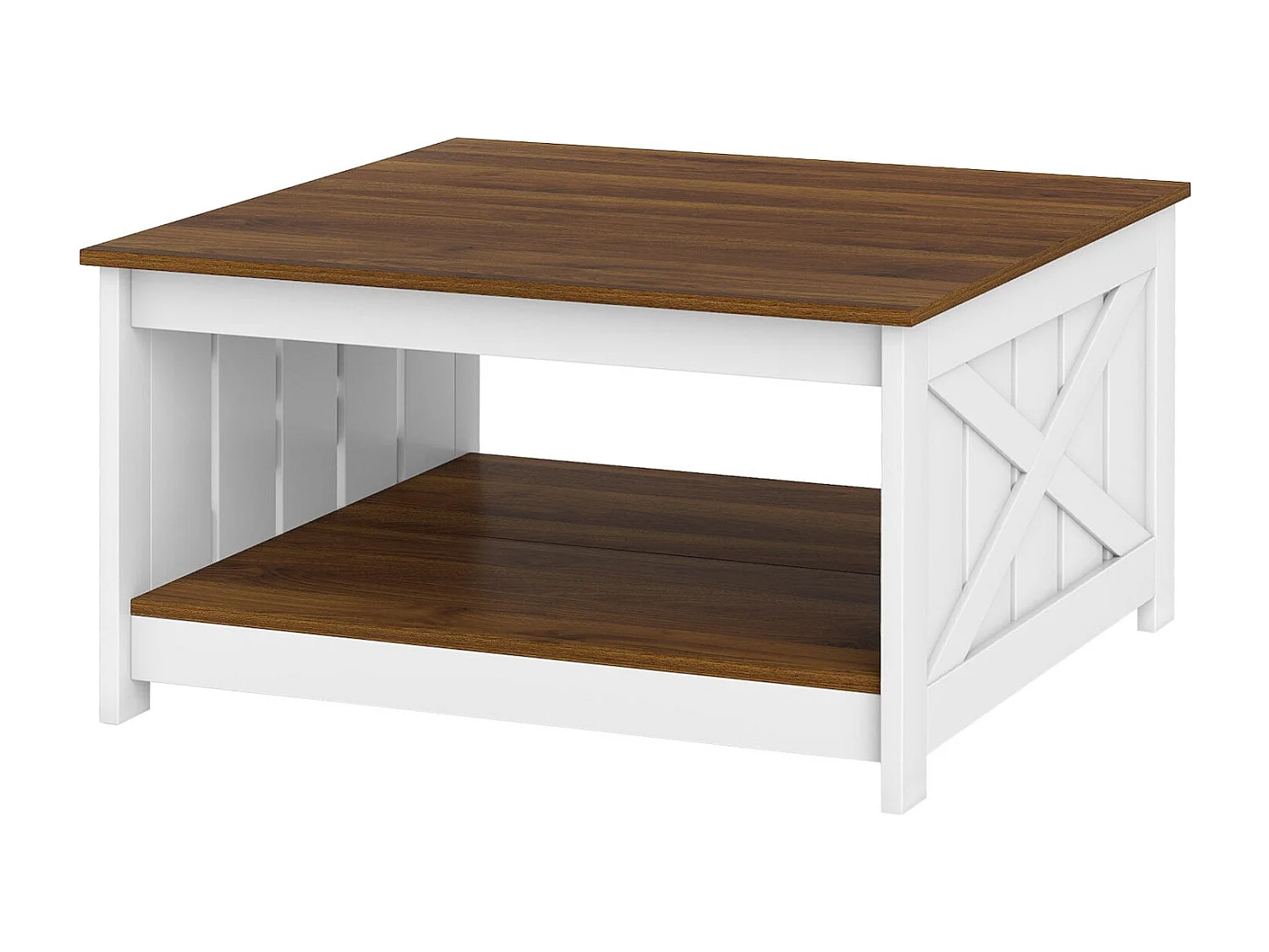 Table Basse Style Ferme Table de Salon Carrée à 2 Niveaux avec Étagère de Rangement avec Compartiment Ouvert Idéal 78X78X44CM Blanc & Marron
