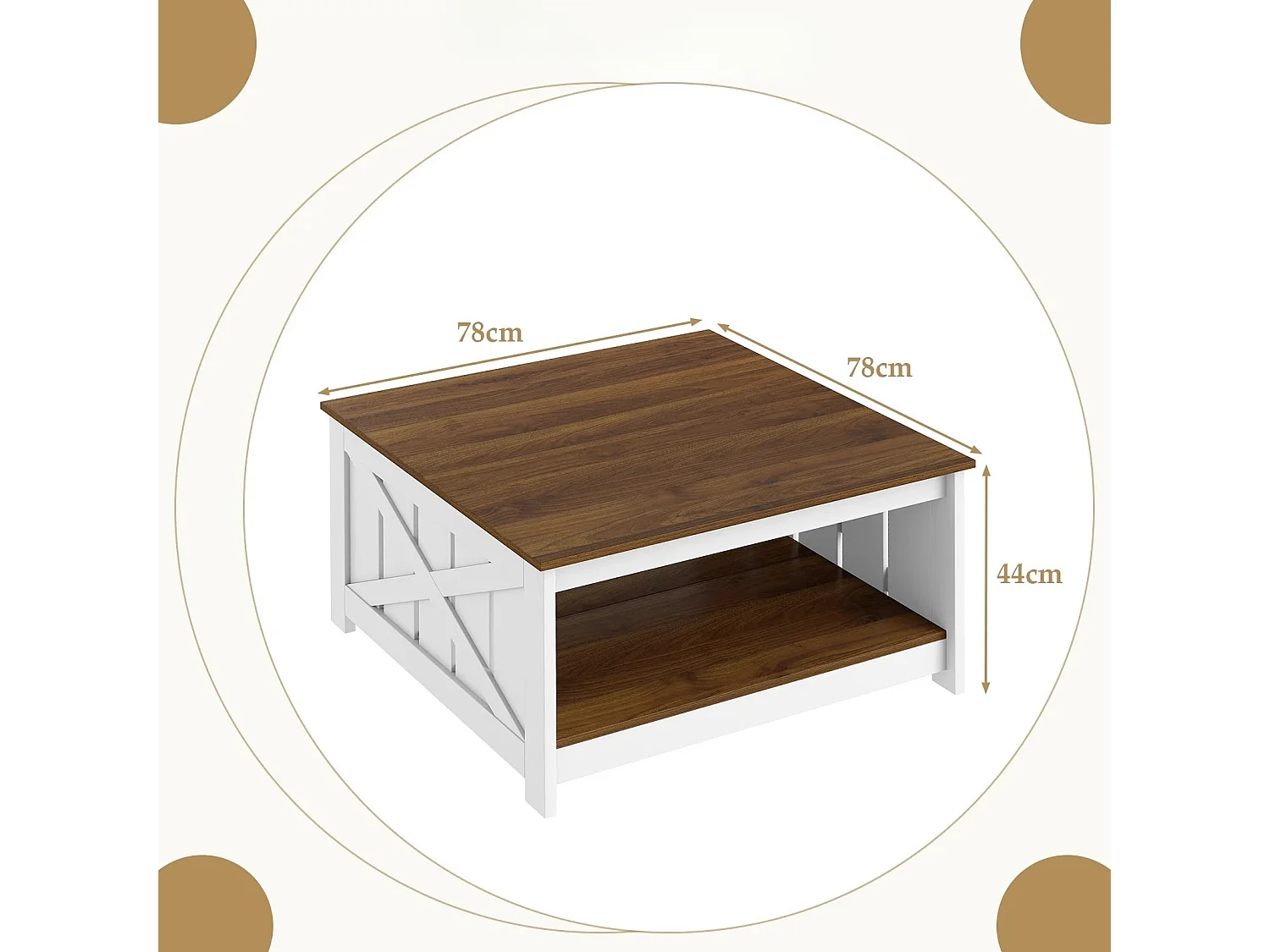 Table Basse Style Ferme Table de Salon Carrée à 2 Niveaux avec Étagère de Rangement avec Compartiment Ouvert Idéal 78X78X44CM Blanc & Marron