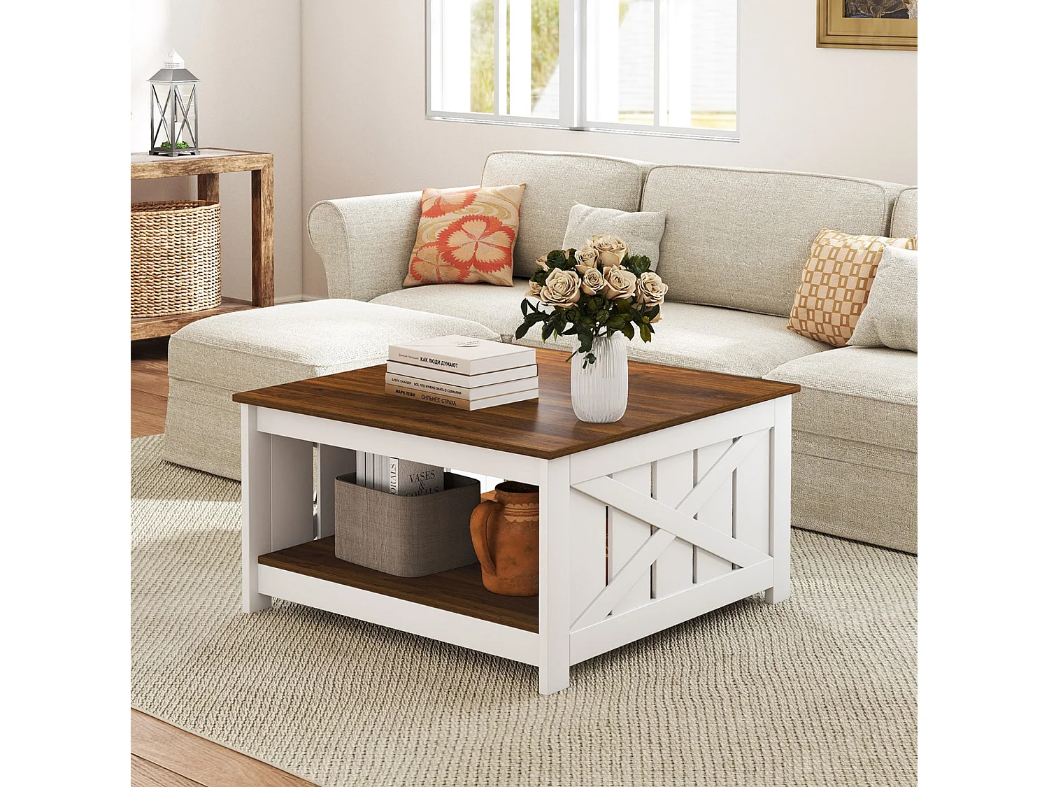 Table Basse Style Ferme Table de Salon Carrée à 2 Niveaux avec Étagère de Rangement avec Compartiment Ouvert Idéal 78X78X44CM Blanc & Marron