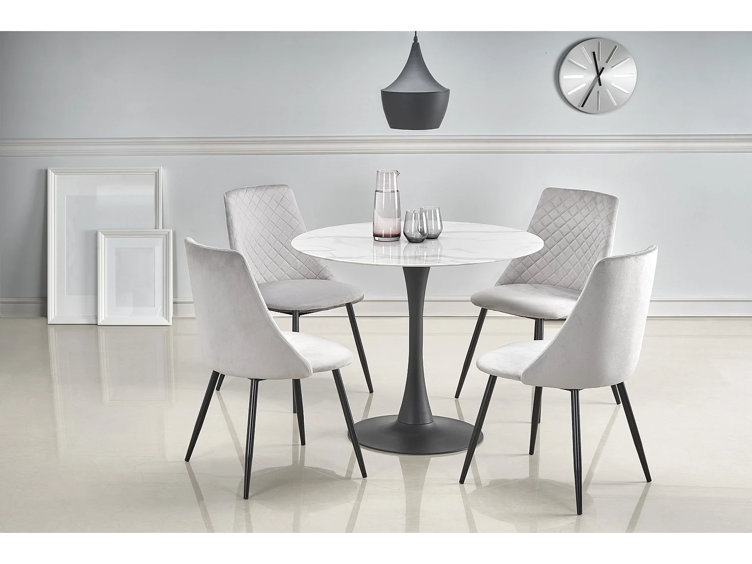 Table ronde verre effet marbre blanc pieds acier noir Ø90 cm