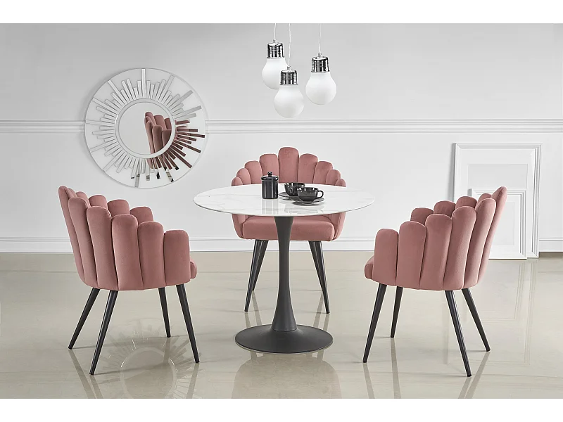 Table ronde verre effet marbre blanc pieds acier noir Ø90 cm